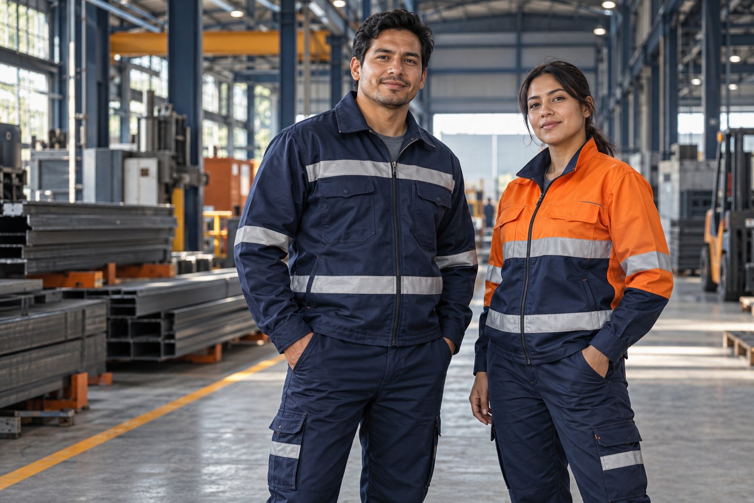 Imagen ilustrativa de dos profesionales con uniformes industriales azules y naranjas